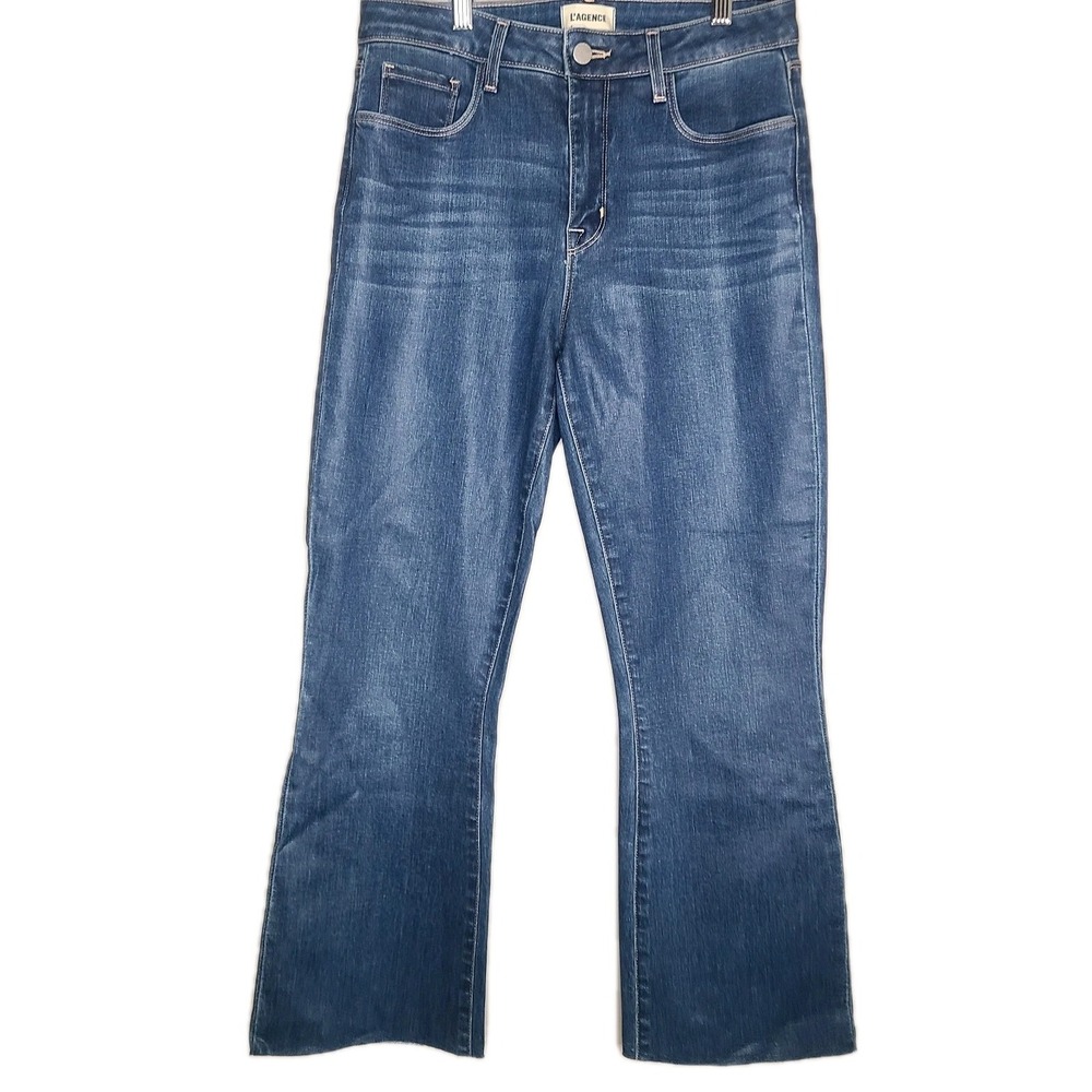 L'AGENCE Kendra High Rise Crop Flare Jeans Zip Raw Hem Regal Coated Women's 28